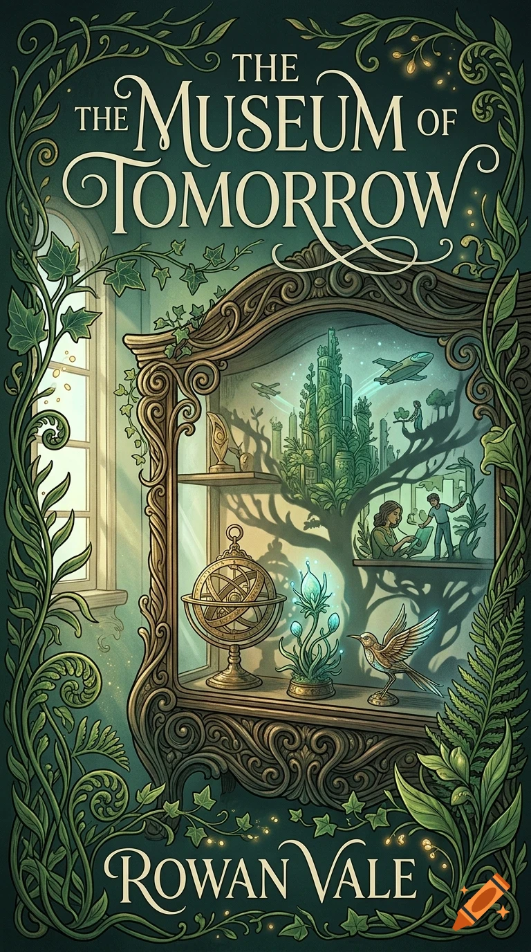 An ornate display case filled with miniature exhibits, surrounded by decorative vines and lettering reading The Museum of Tomorrow by Rowan Vale.