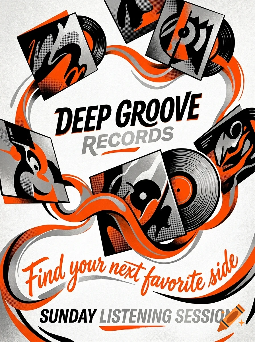 A poster design for Deep Groove Records featuring vinyl records, album covers, and flowing orange and black ribbons on a white background with text.