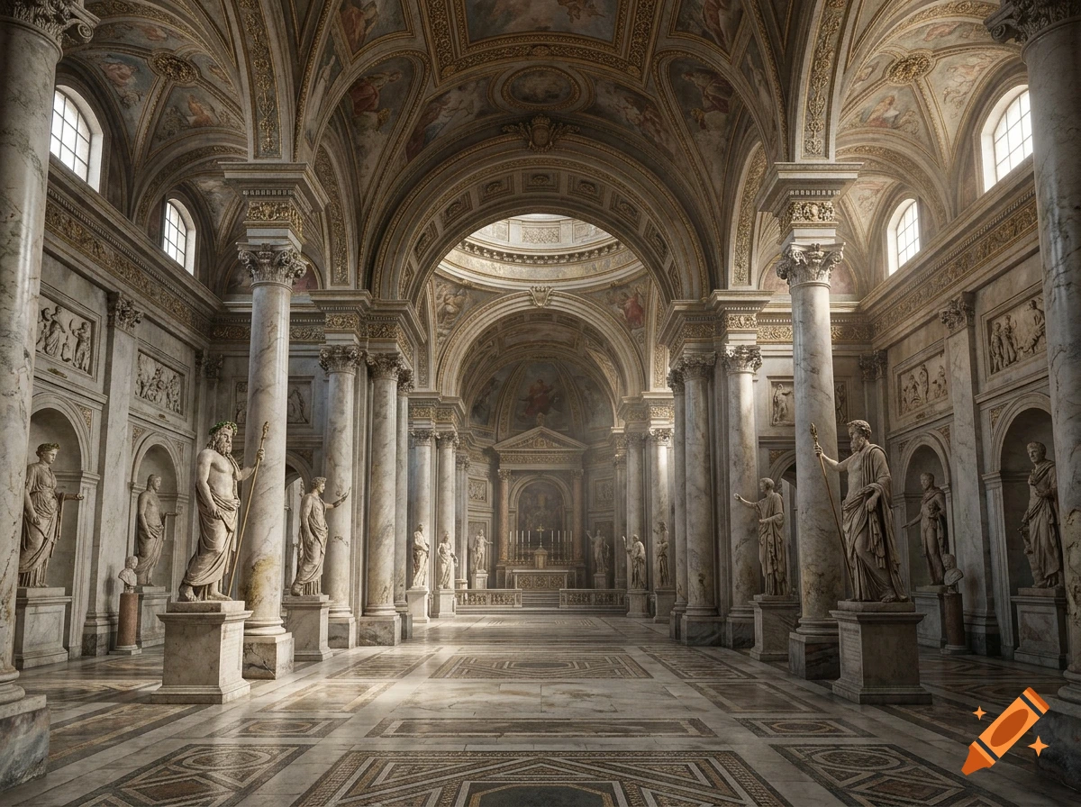 Photorealistic interior of a grand classical church with marble columns, vaulted ceilings, statues of deities, and ornate tiled floors.