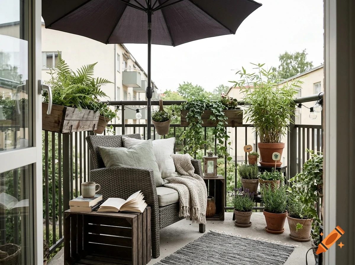 A cozy apartment balcony featuring a wicker armchair, potted plants, books, a mug, and an umbrella, viewed through an open doorway.