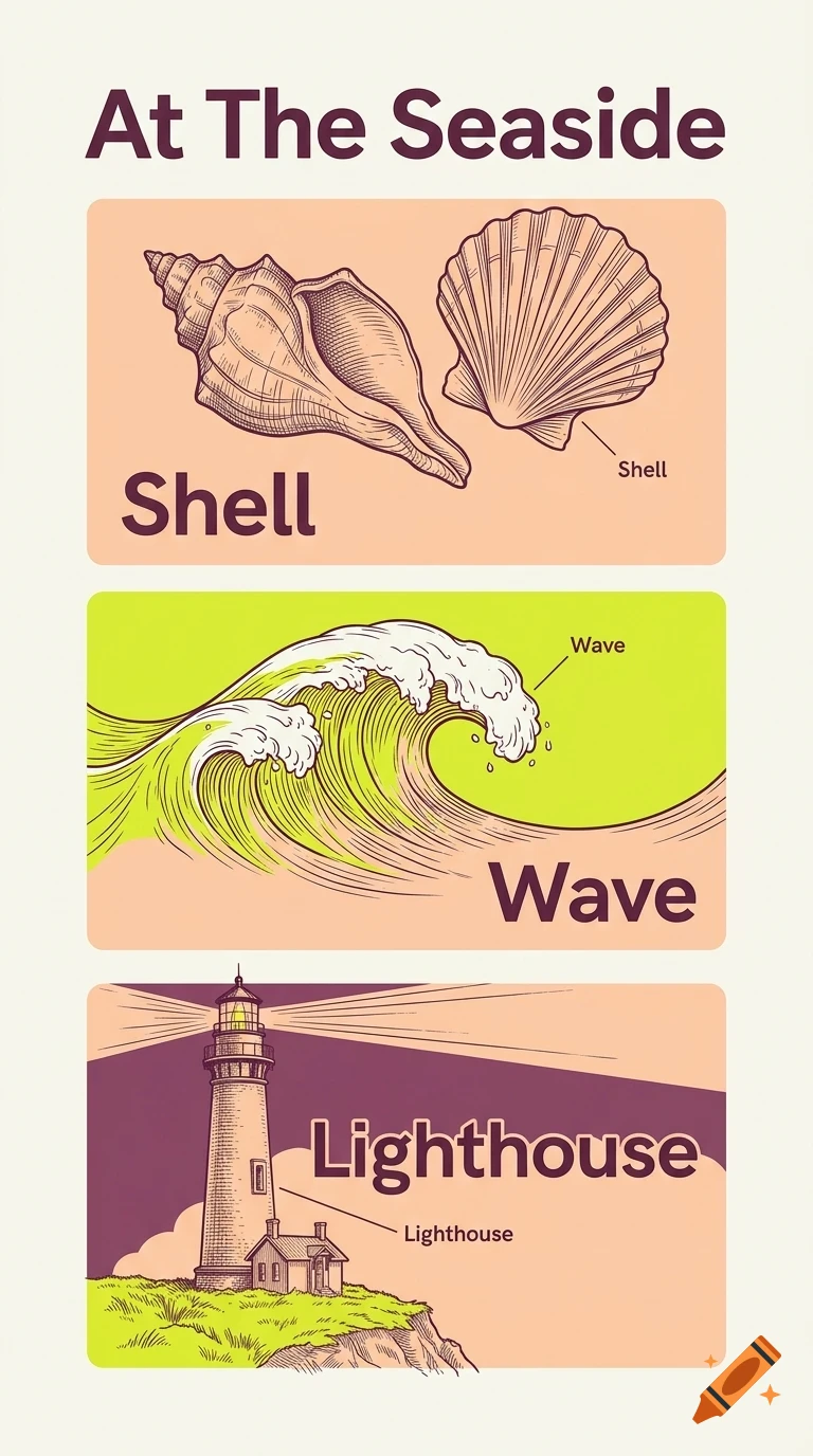 An educational poster titled At The Seaside with three labeled illustrations of seashells, an ocean wave, and a lighthouse.