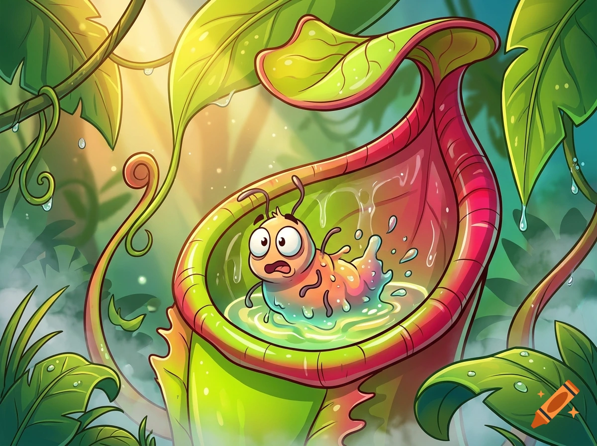 Cartoon illustration of a worried bug inside a pitcher plant with liquid.