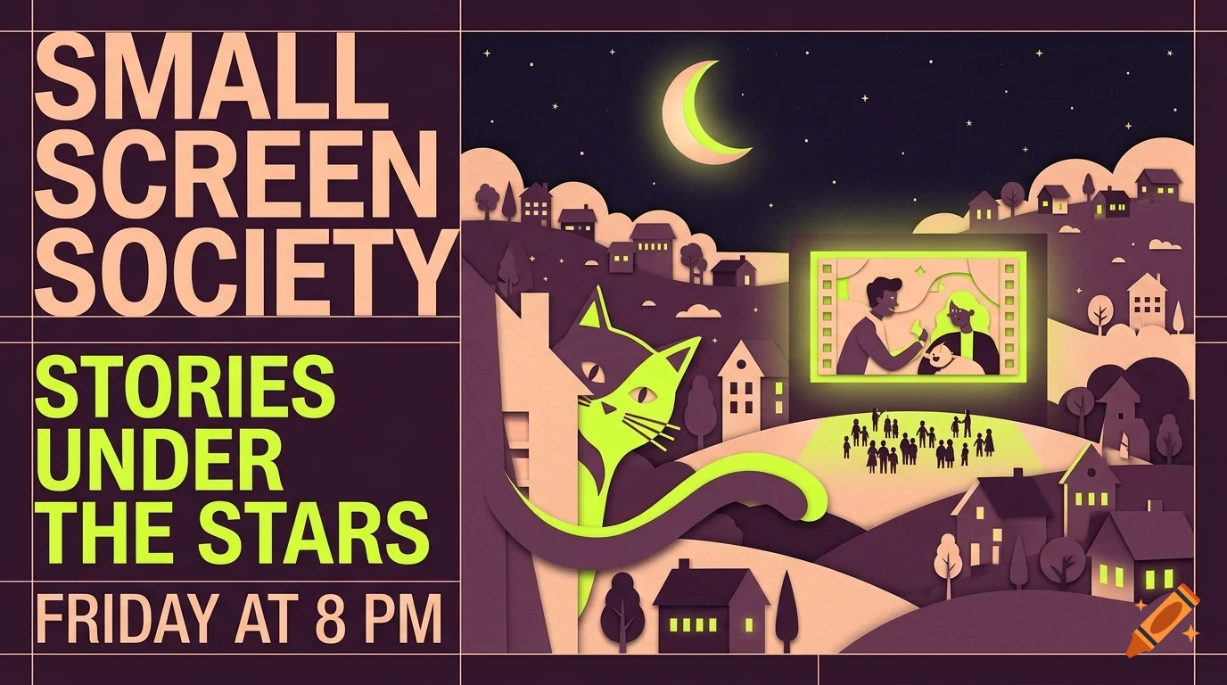 An illustrated poster for Small Screen Society depicting an outdoor night movie screening under a crescent moon, with a large green cat peeking through houses.