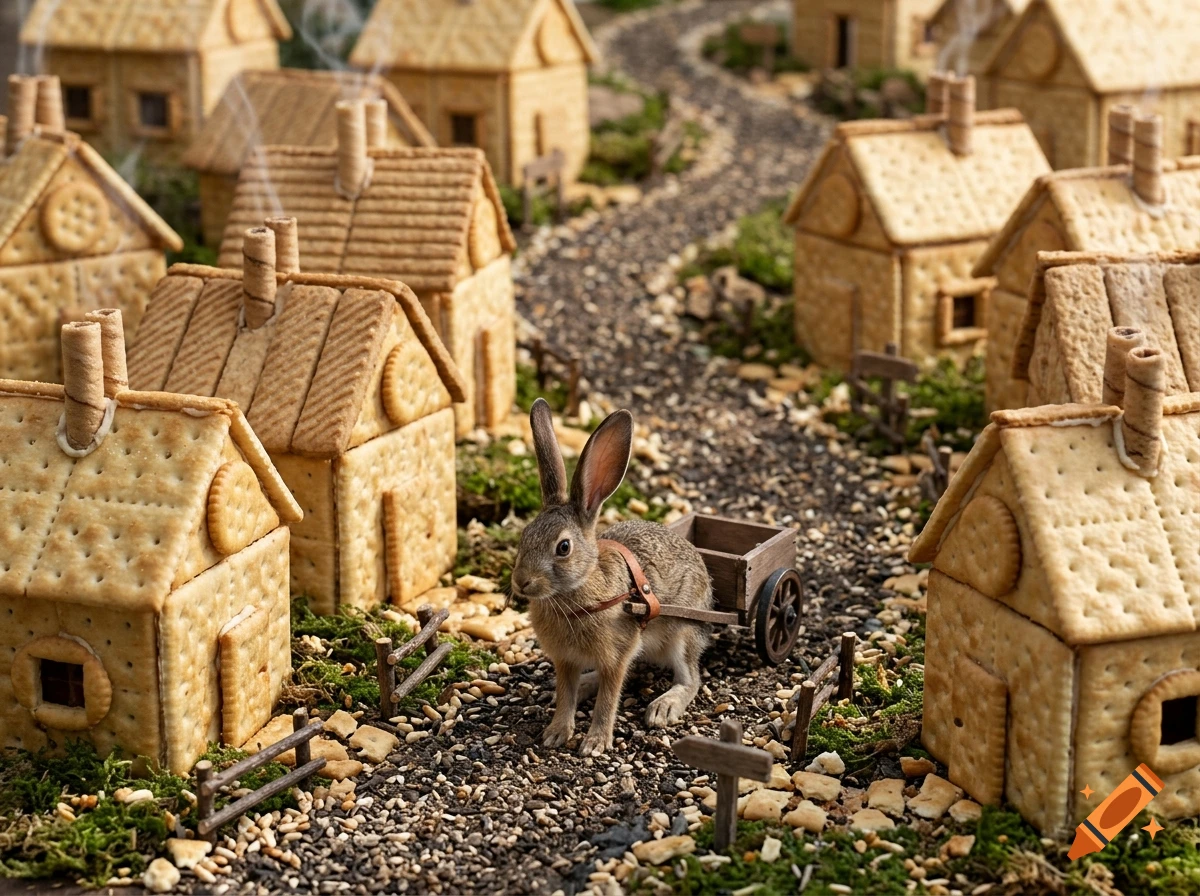 A tiny village with houses made of crackers, featuring a jackrabbit pulling a small wooden cart on a cobblestone path.