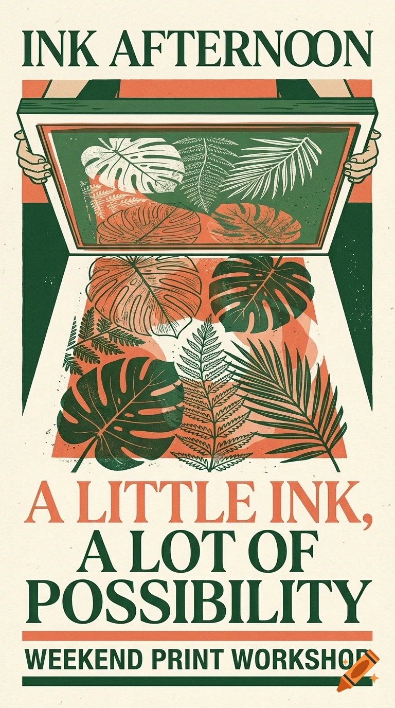 A vintage-style poster for a weekend print workshop featuring botanical leaf prints and text.