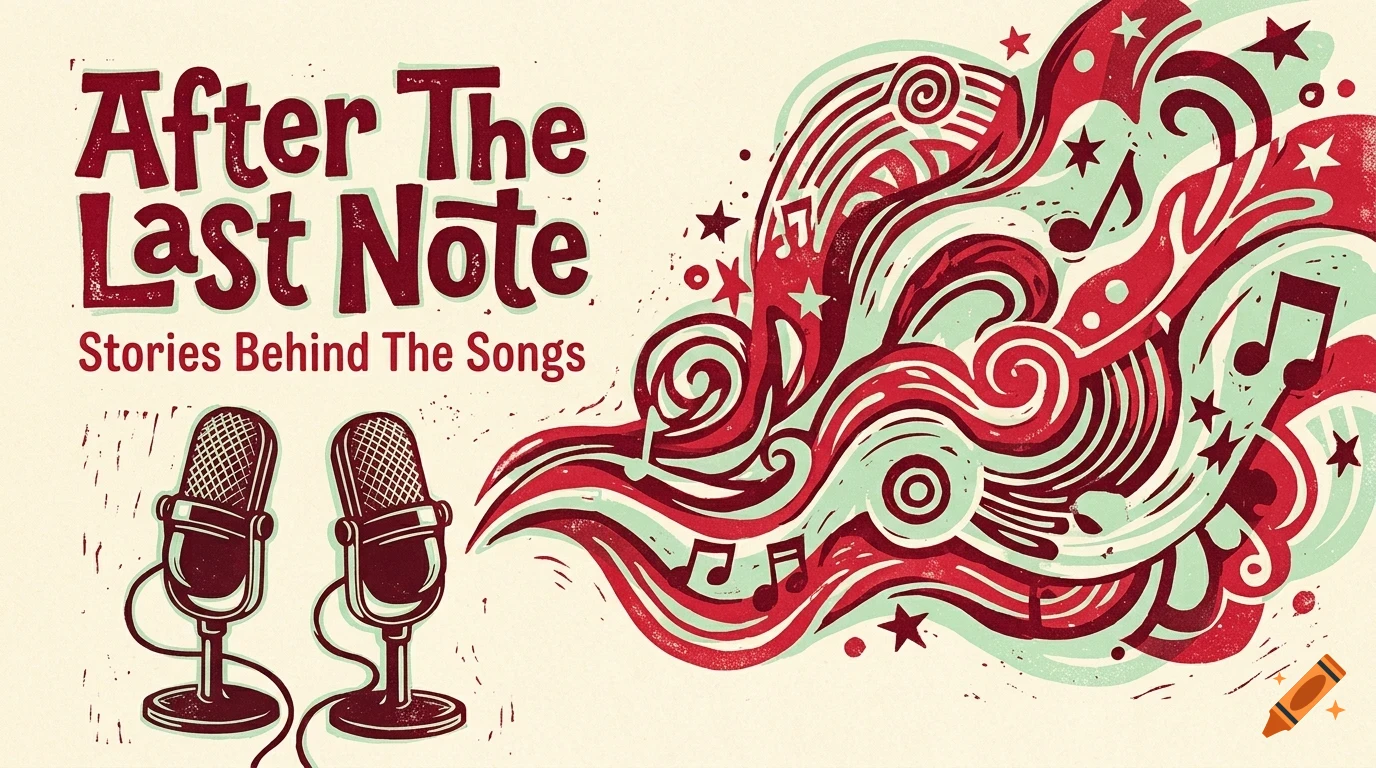 Podcast graphic featuring two vintage microphones, abstract red and teal musical waves, stars, notes, and the title After The Last Note Stories Behind The Songs.