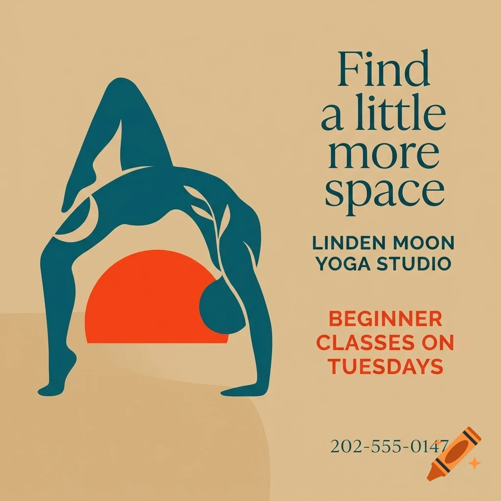 An illustrated yoga poster featuring a figure in a backbend pose over an orange semicircle, with text advertising Linden Moon Yoga Studio.