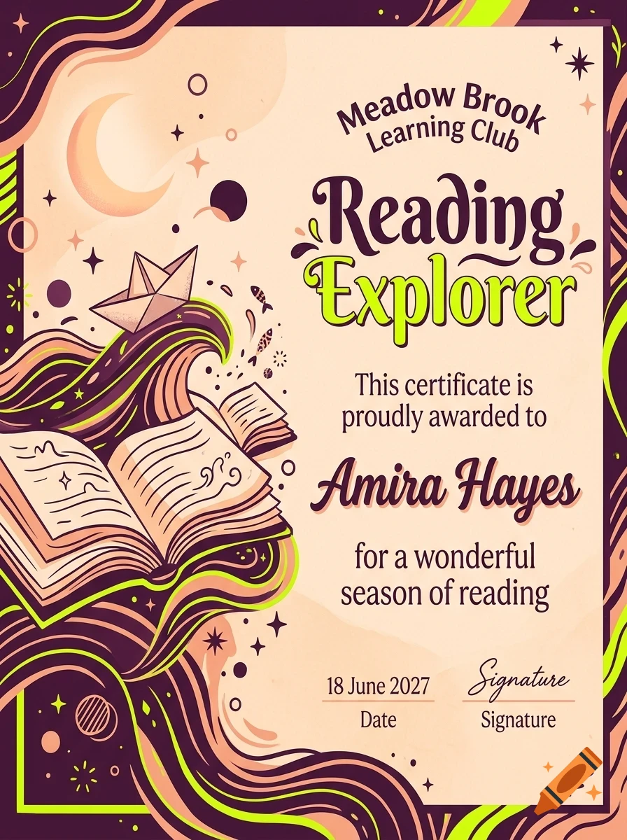 An illustrated award certificate with the text Reading Explorer, featuring an open book, paper boat, and swirling waves in purple and gold tones.
