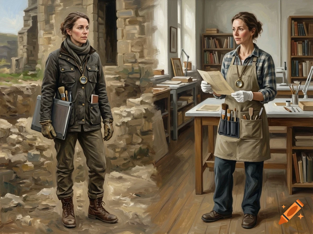 A split-scene illustration of a woman depicted as an archaeologist outdoors near ruins on the left, and indoors in a restoration workshop on the right.