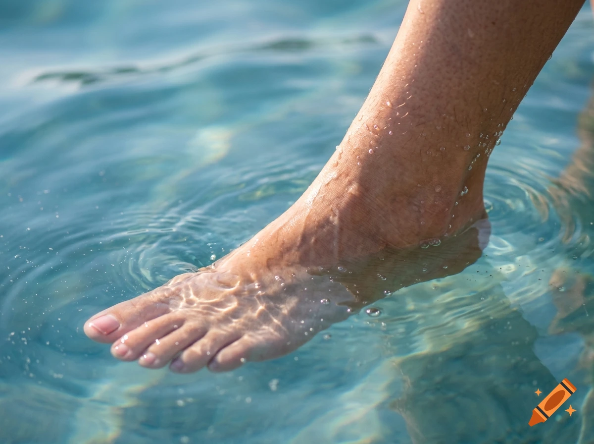 A woman's foot and lower leg partially submerged in clear blue water with light reflections and bubbles.