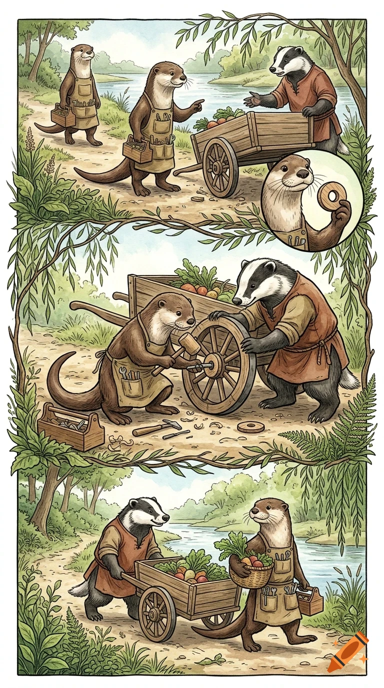 Illustration showing anthropomorphic otters and a badger working together, repairing a wooden cart by a river.
