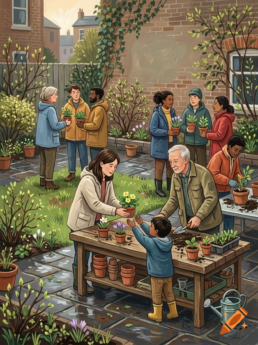 An illustration of diverse people of various ages gardening together in a paved courtyard.