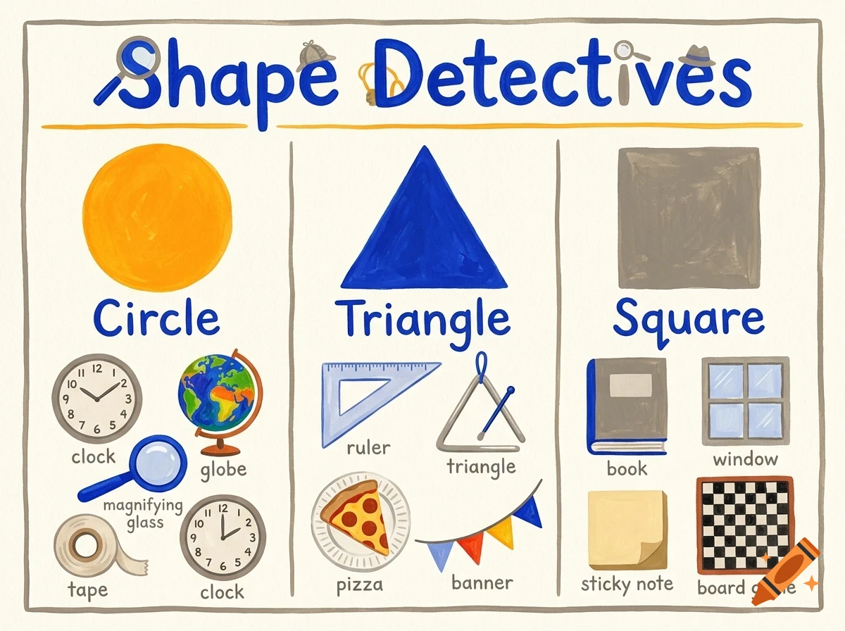 An educational chart titled Shape Detectives illustrating circles, triangles, and squares with corresponding everyday objects.