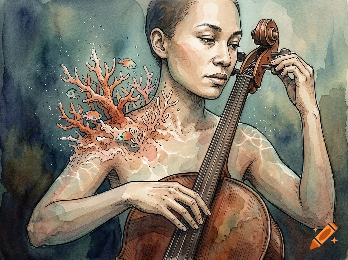 Watercolor painting of a person playing a cello, with coral and small fish growing from their shoulder.