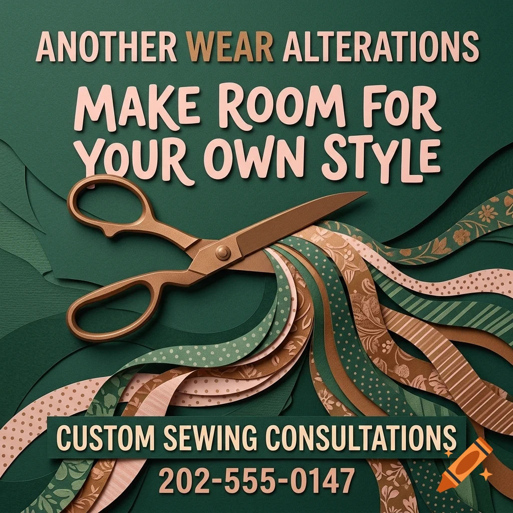 An advertisement for Another Wear Alterations with scissors cutting patterned ribbons on a green background.