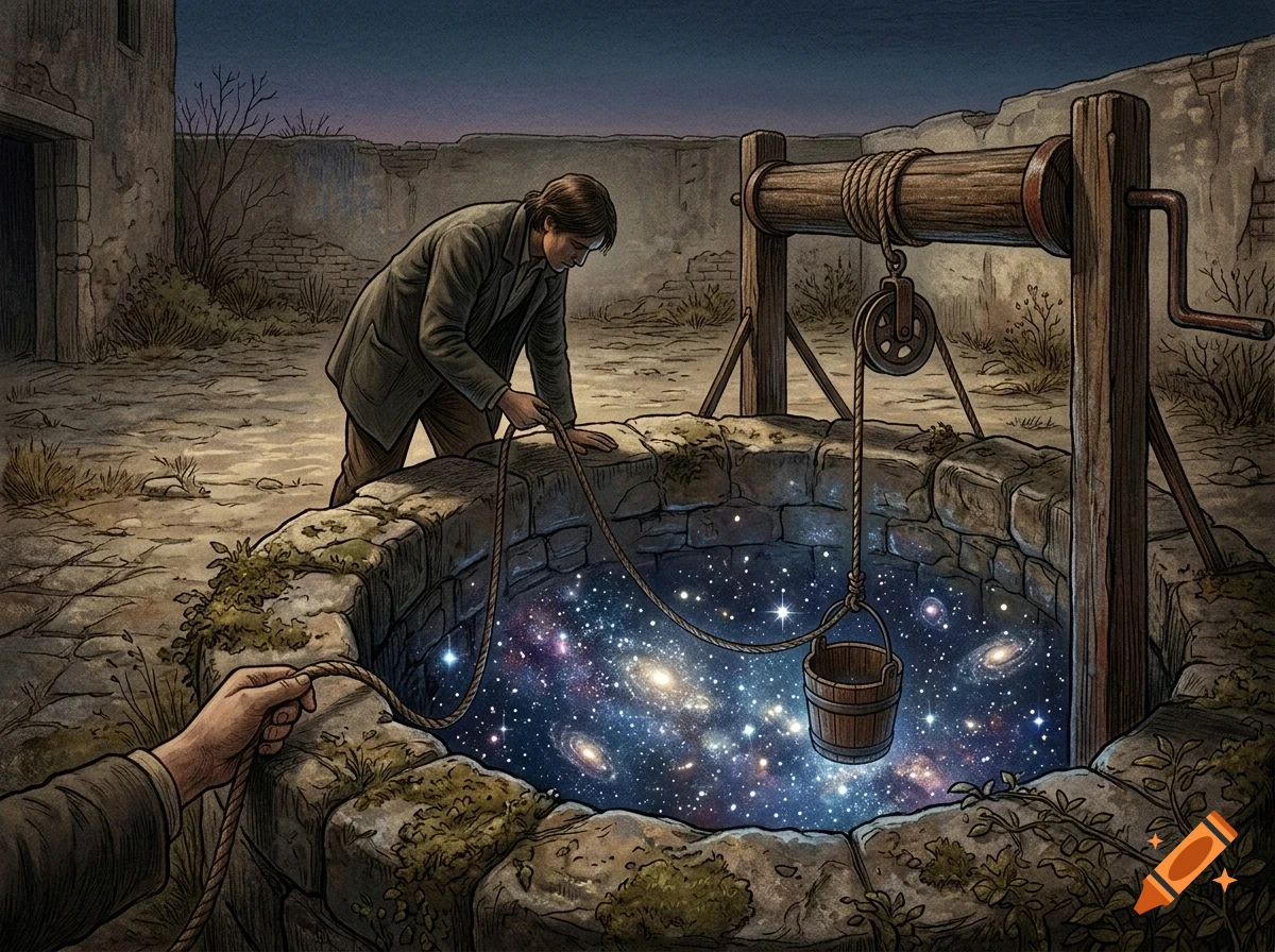 An illustration of a man lowering a bucket into a stone well, which is filled with a swirling galaxy of stars and nebulae instead of water.