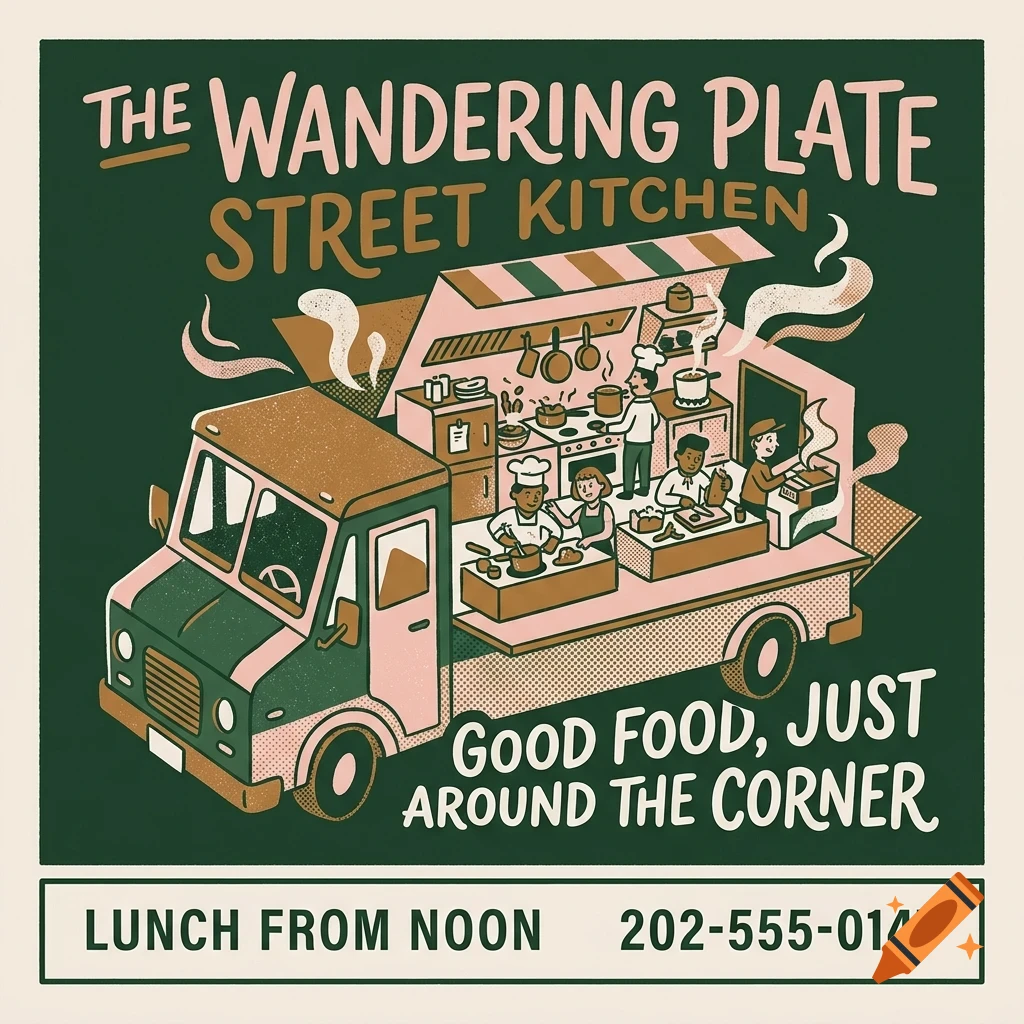An illustration of a food truck with an open side showing chefs cooking inside, accompanied by text reading The Wandering Plate Street Kitchen.