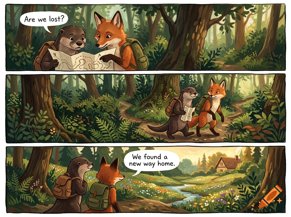 A comic strip showing an otter and a fox looking at a map in a forest, walking on a path, and then looking at a cottage.