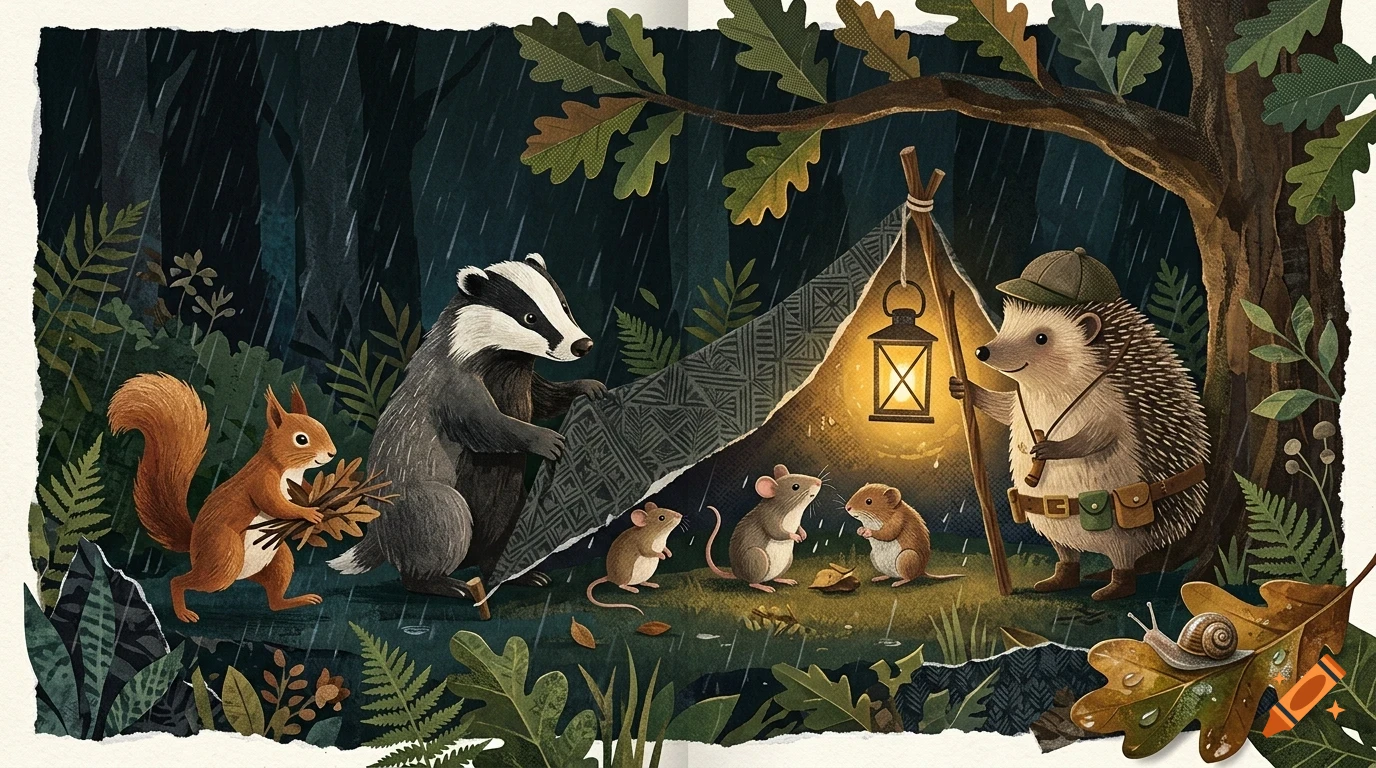 An illustrated woodland scene in the rain featuring anthropomorphic animals including a squirrel carrying twigs, a badger fixing a tent, mice inside, and a hedgehog holding a lit lantern.
