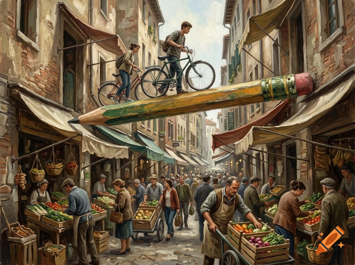 An oil painting of people riding bicycles on a giant pencil floating above a bustling narrow street market with vendors and shoppers.