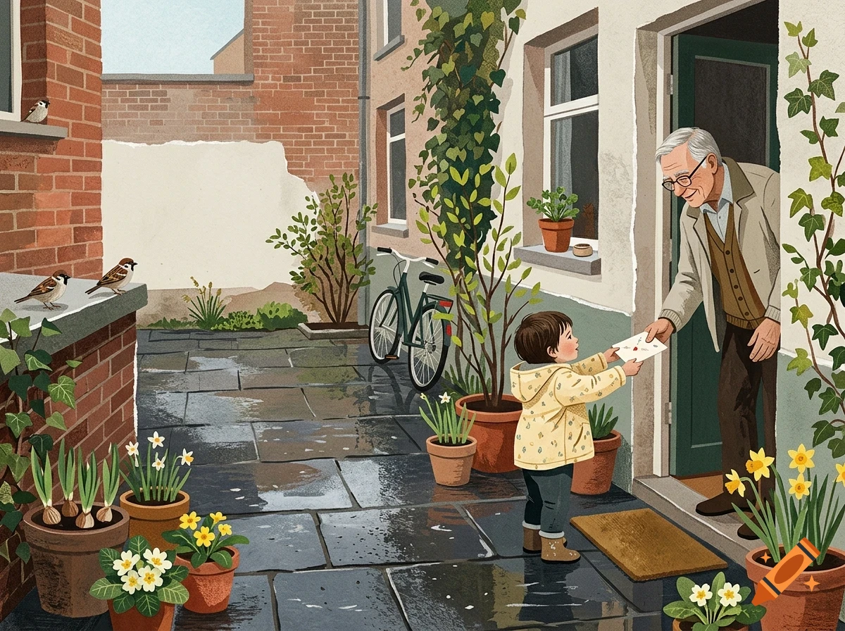 An older man hands a letter to a young child standing on the paved courtyard outside a house entrance.