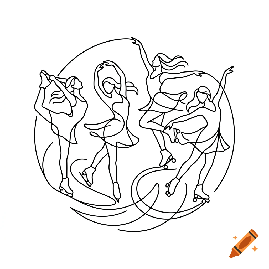 Minimalist black and white line art logo showing four female figures ice skating and roller skating in a circle.