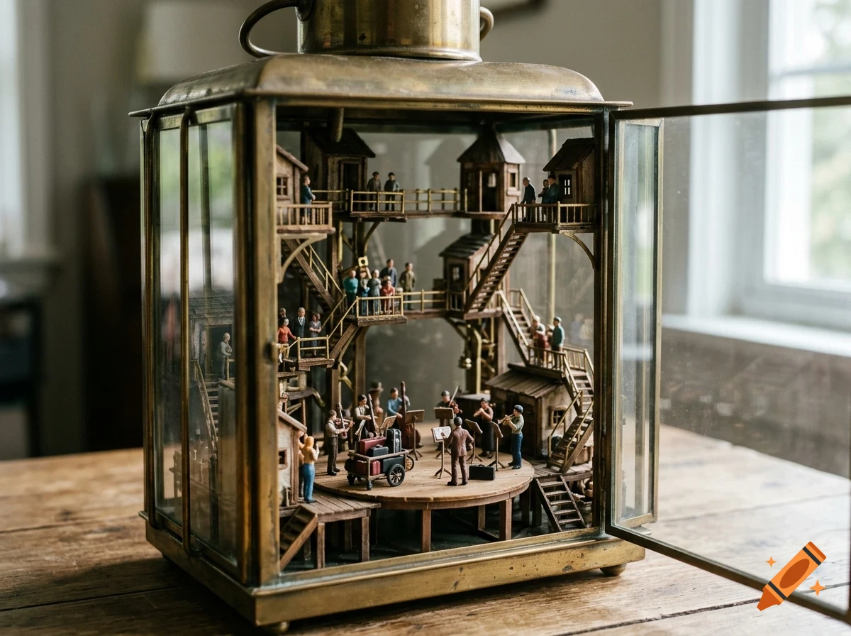 A miniature village with tiny houses and figures displayed inside a large brass glass lantern on a wooden table.