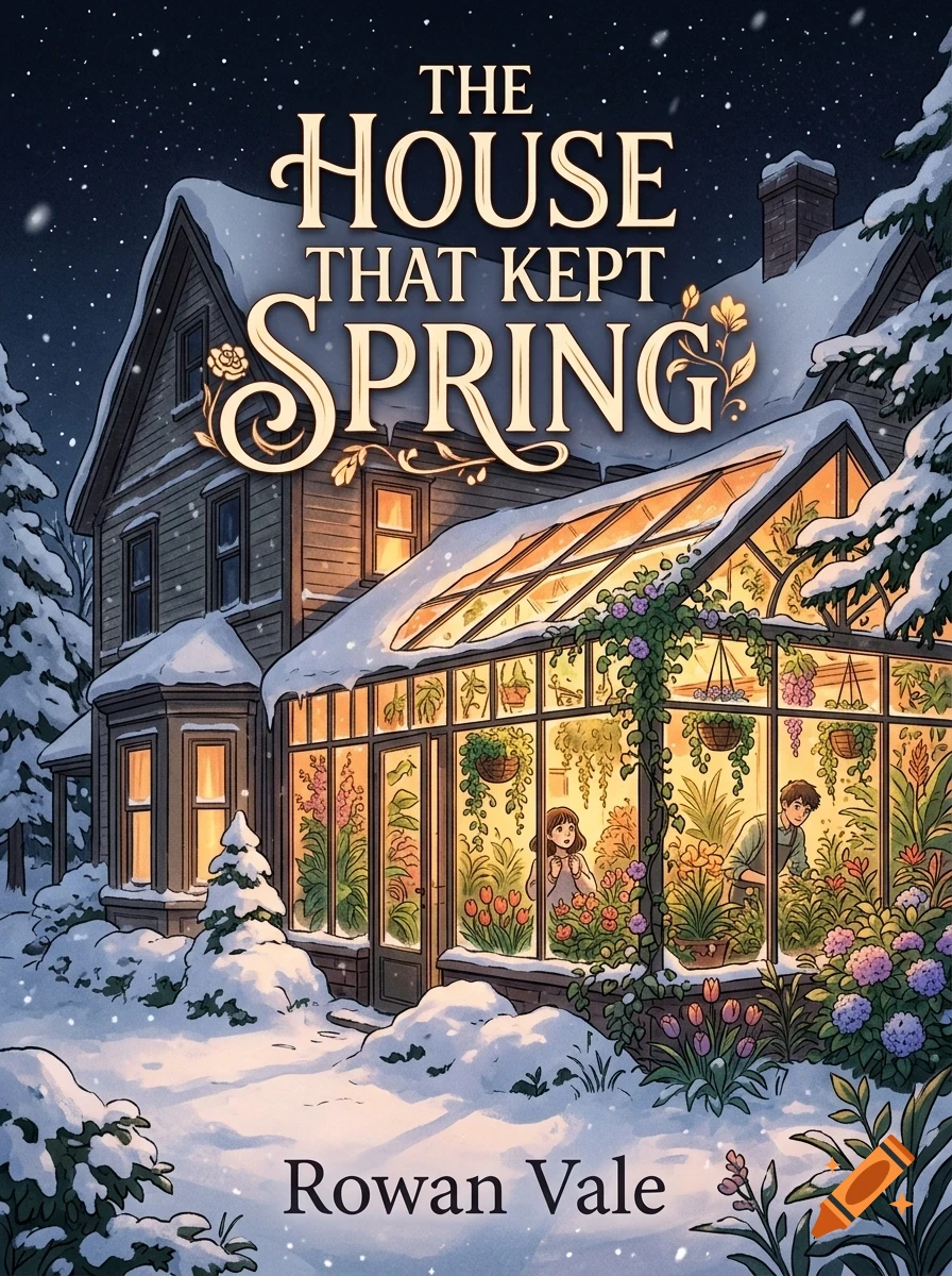 An illustration of a snowy two-story house with a lit greenhouse filled with lush plants and two people inside, under a dark snowy sky with text reading The House That Kept Spring.
