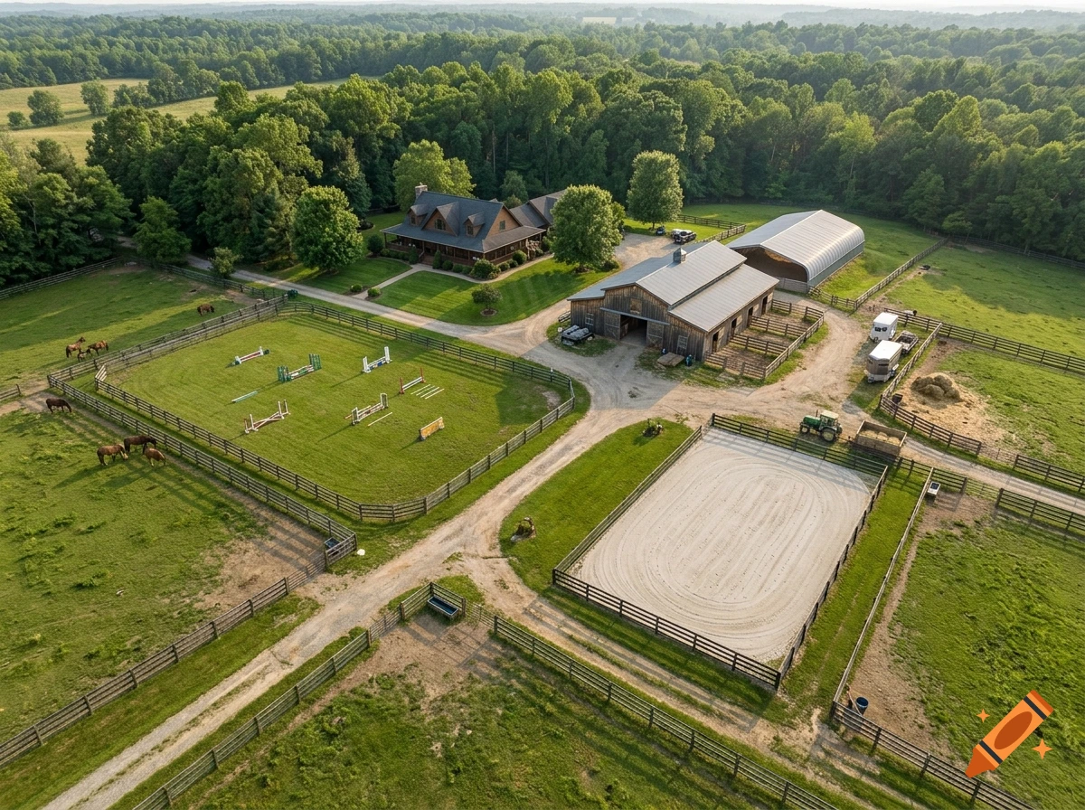 Aerial view of a large equestrian farm with a residential house, barns, riding arenas, pastures, and surrounding forest, photorealistic.