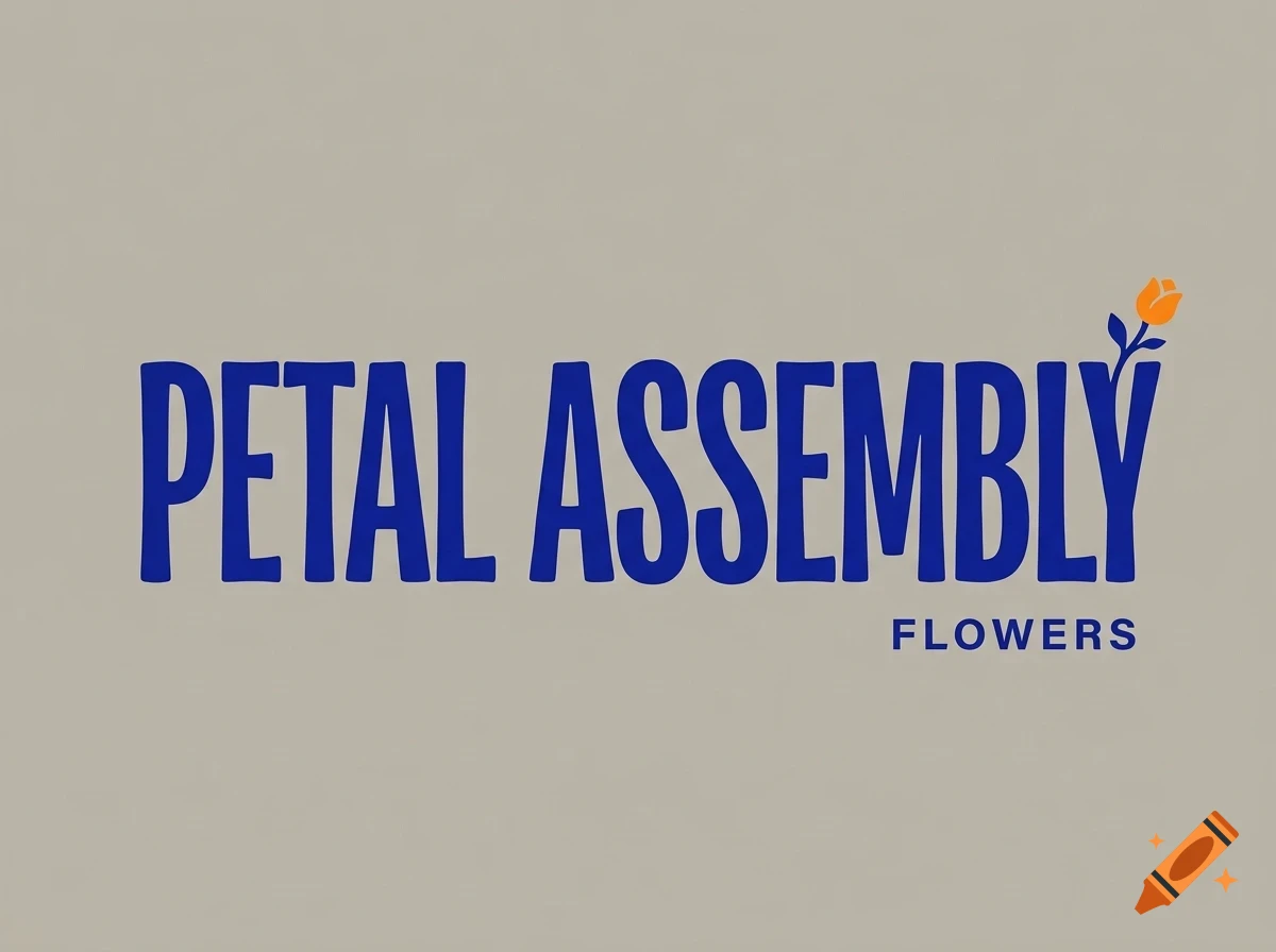 A logo featuring the blue text 'PETAL ASSEMBLY' with the smaller word 'FLOWERS' below it, alongside a small orange flower illustration.