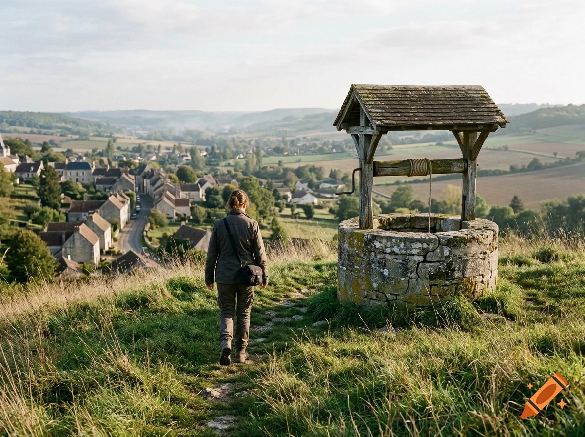 Photorealistic view of a woman walking up a hill towards an old stone well, overlooking a small European village and rolling hills.