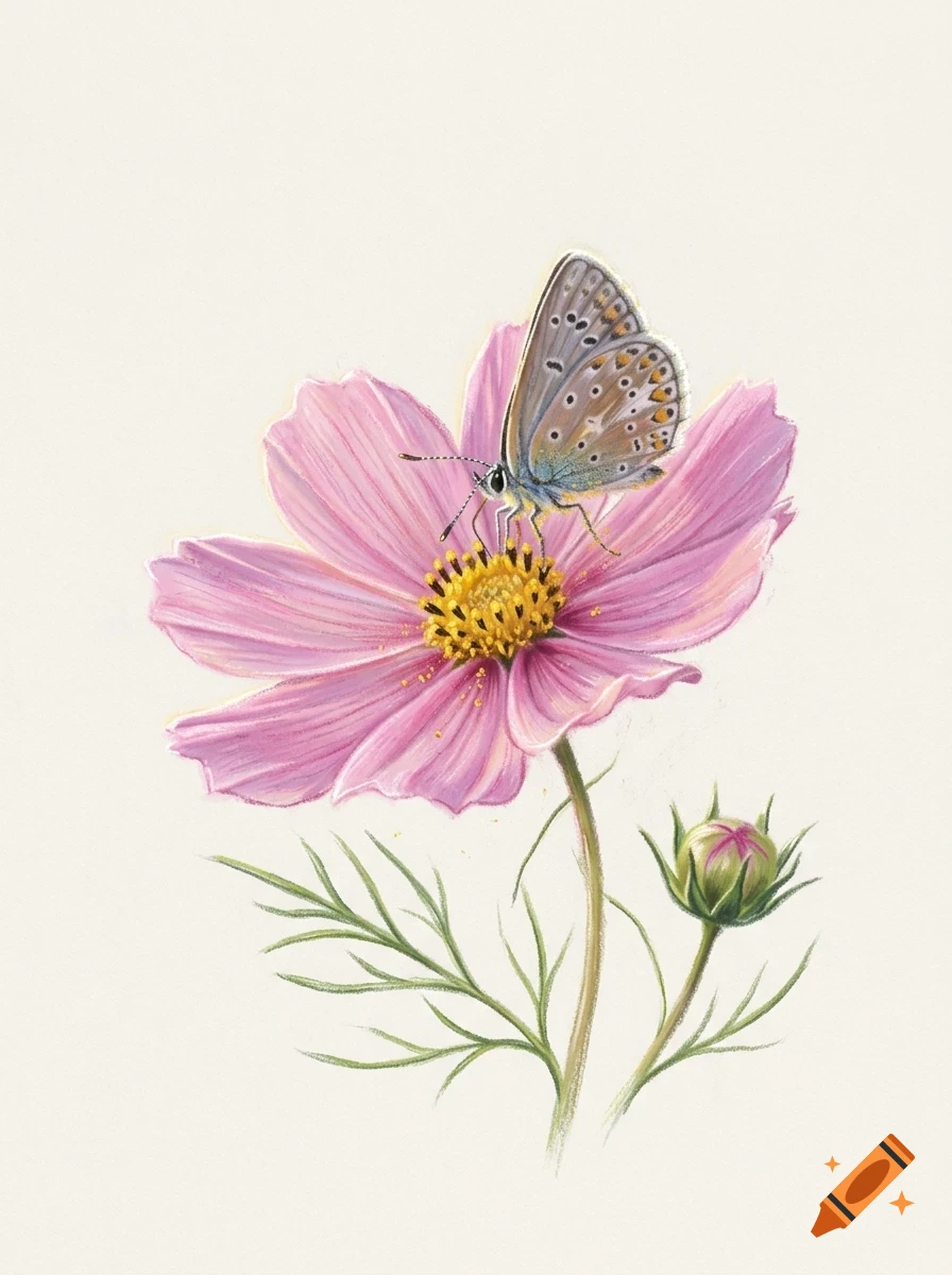 A detailed illustration of a blue butterfly perched on a pink cosmos flower with a bud.