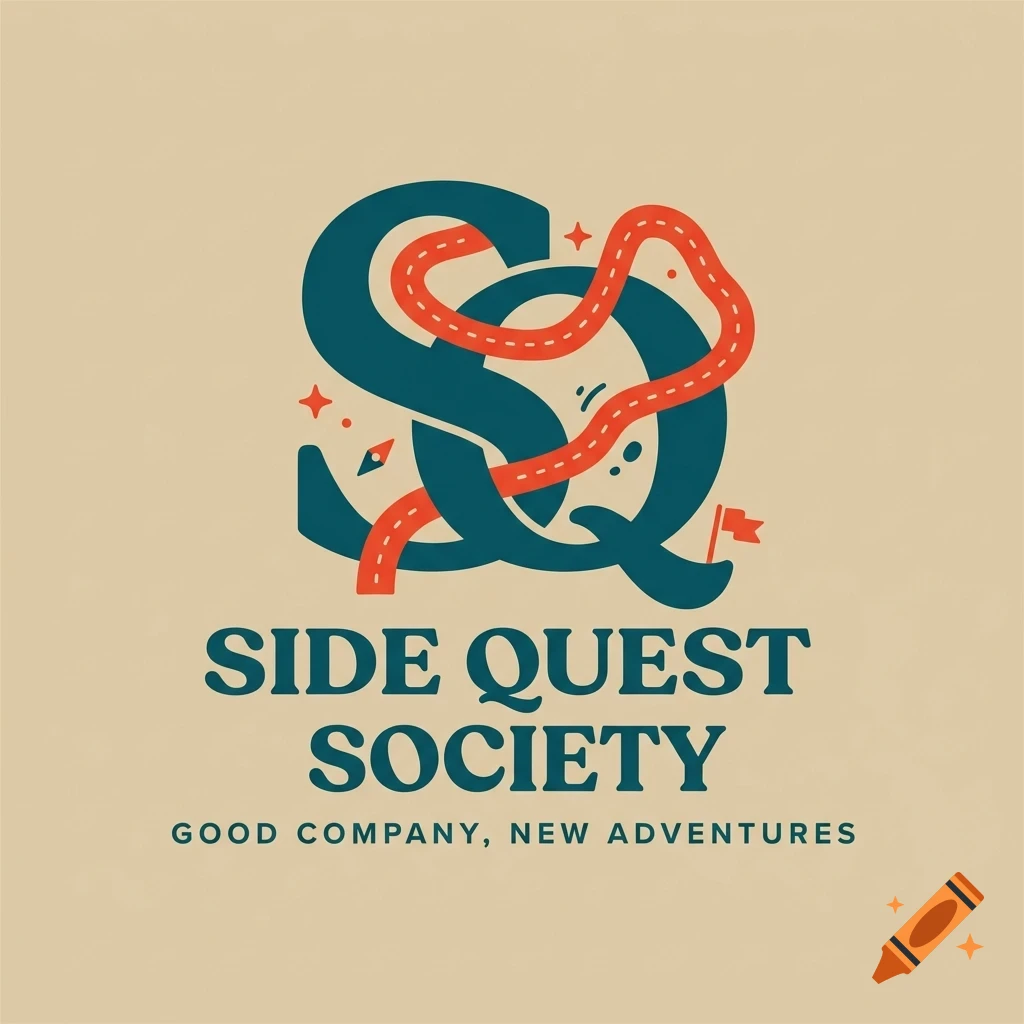 A logo featuring the letters SQ intertwined with a winding red road, small stars, and a flag, with the text SIDE QUEST SOCIETY and GOOD COMPANY, NEW ADVENTURES.