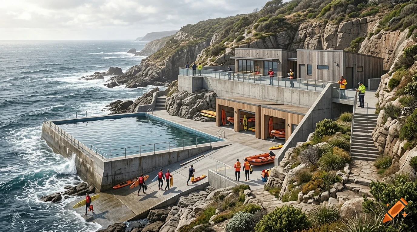 A modern concrete building and pool complex built into a rocky coastline beside the ocean, with people walking on the pathways and carrying surfboards.