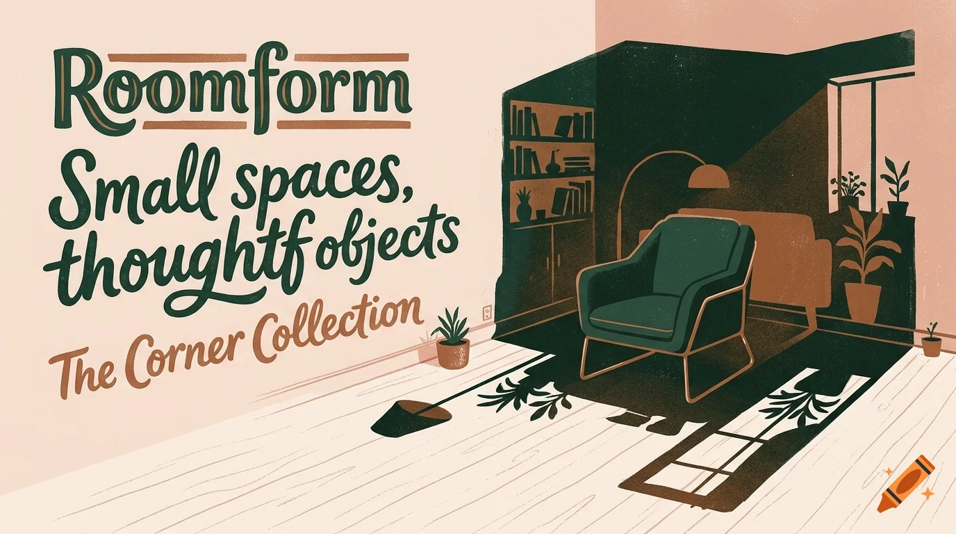 An illustrated interior scene featuring an armchair, a bookshelf, plants, and prominent typography reading Roomform.