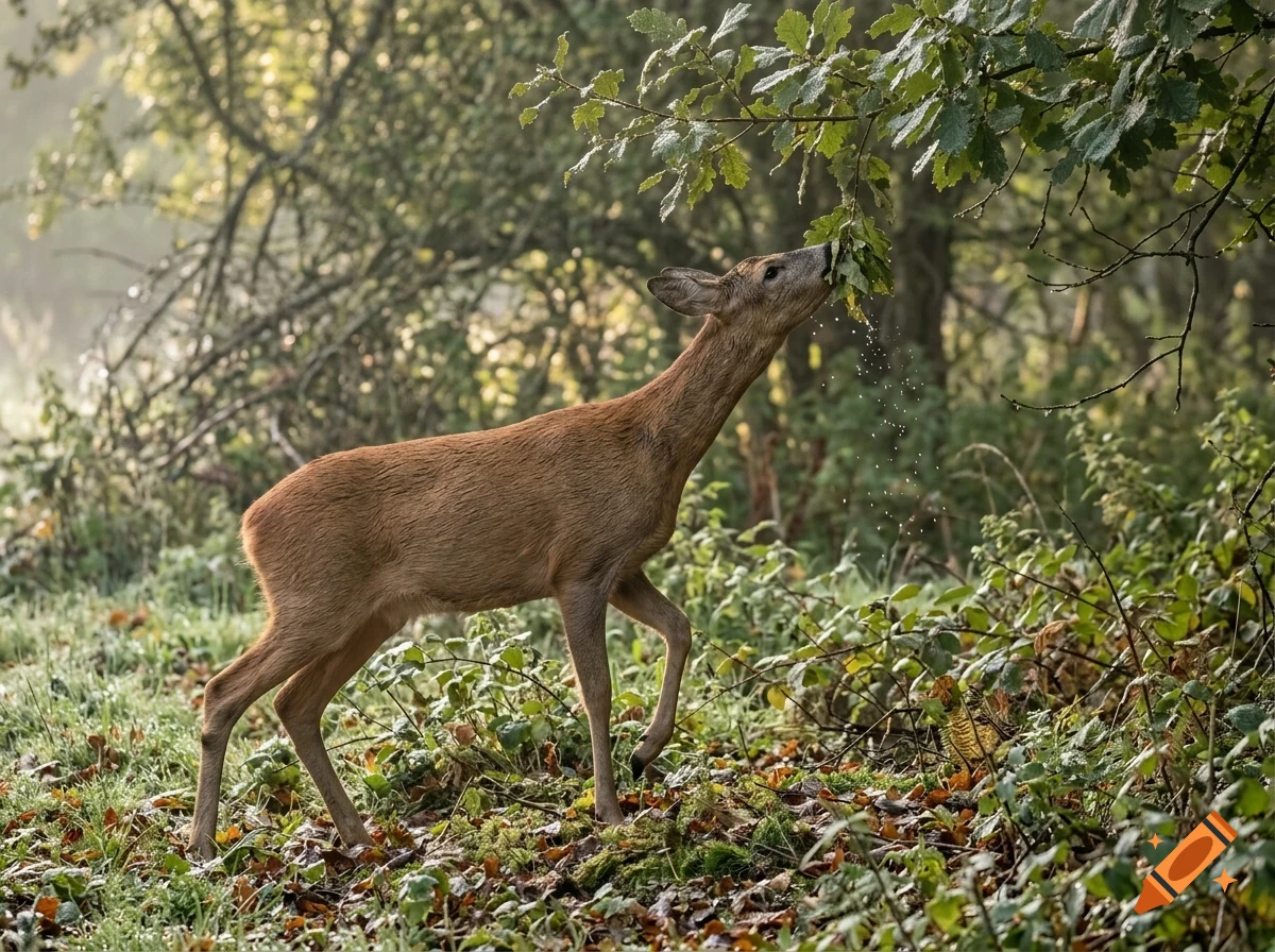 A deer eating leaves from a tree branch in a forest.