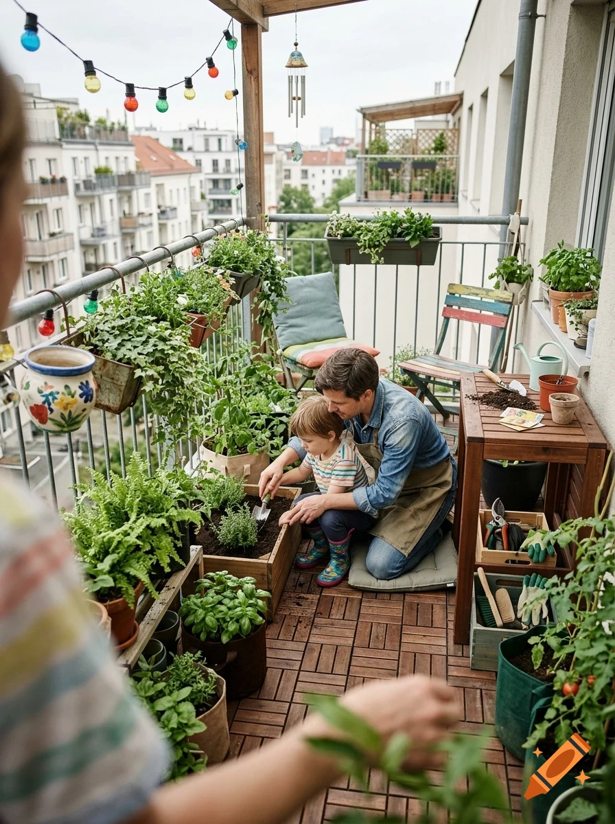 An adult and a child gardening in pots on a city apartment balcony filled with plants.