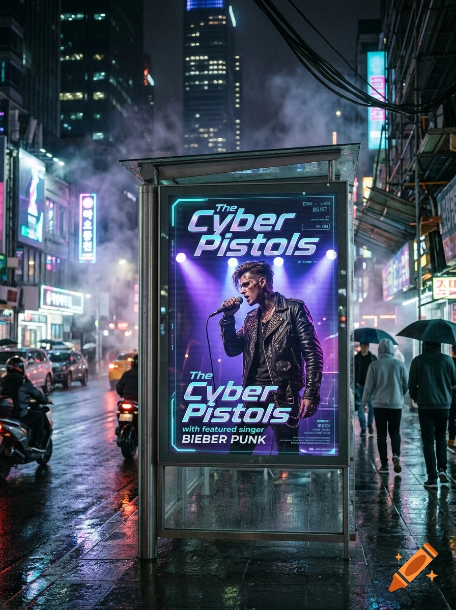 Photorealistic street scene at night featuring a bus stop advertisement poster for The Cyber Pistols concert with Bieber Punk.
