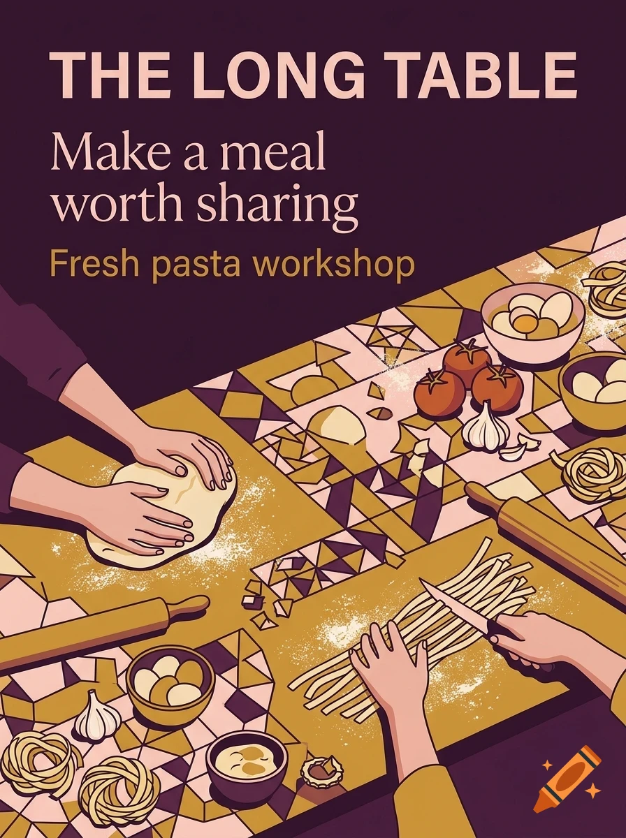 An illustrated poster for a fresh pasta workshop titled 'The Long Table', showing hands kneading dough and cutting pasta surrounded by ingredients.