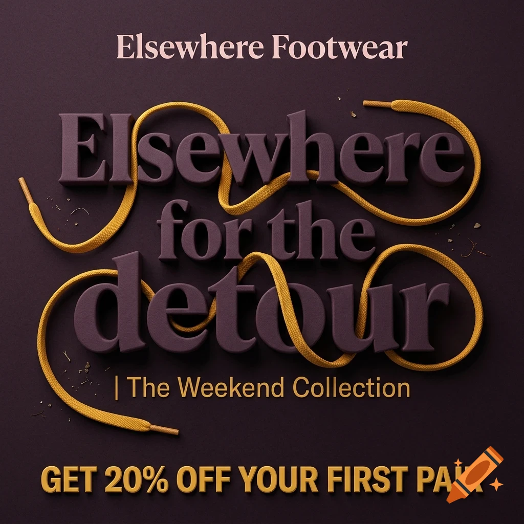 An advertisement for Elsewhere Footwear featuring 3D purple lettering and a yellow shoelace on a dark background.