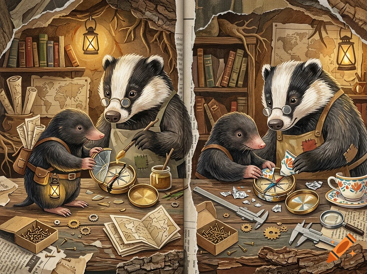An illustrated book page showing badgers and moles working in a cozy underground workshop with maps, books, compasses, and tools.