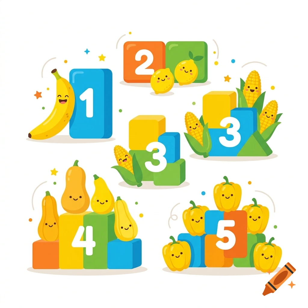 Cute vector illustration of colorful number blocks paired with smiling fruits and vegetables labeled from one to five.