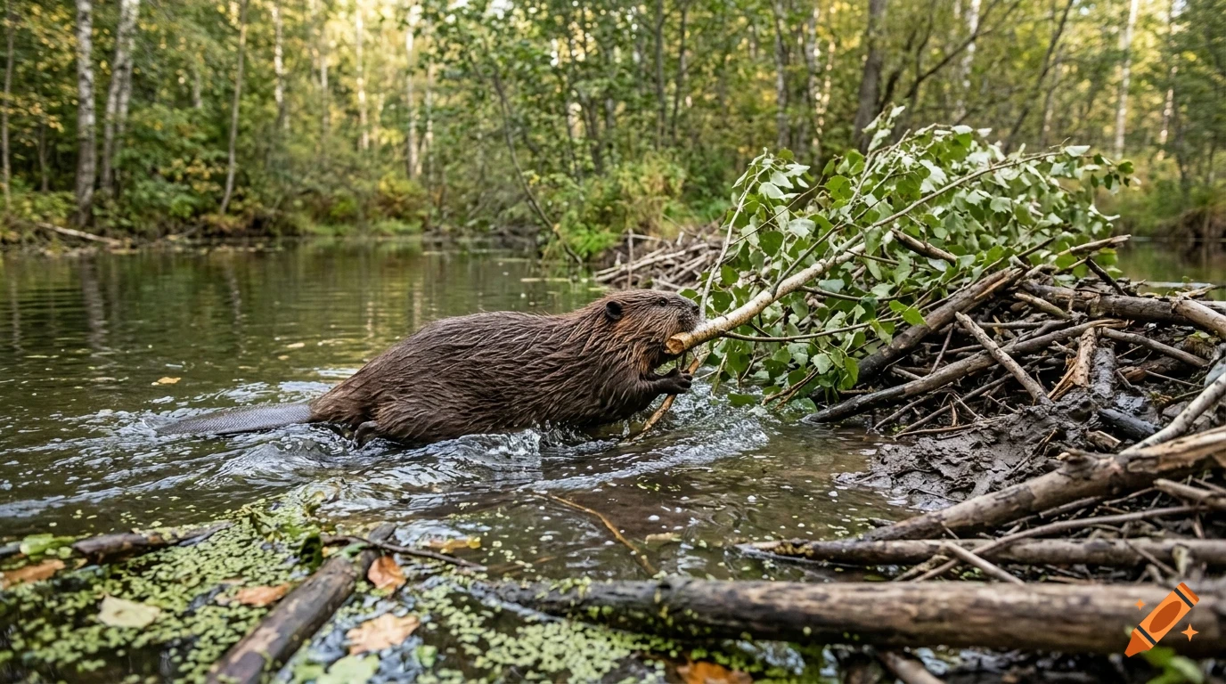 A beaver carrying a branch in its mouth while swimming in a river near a wooded bank.