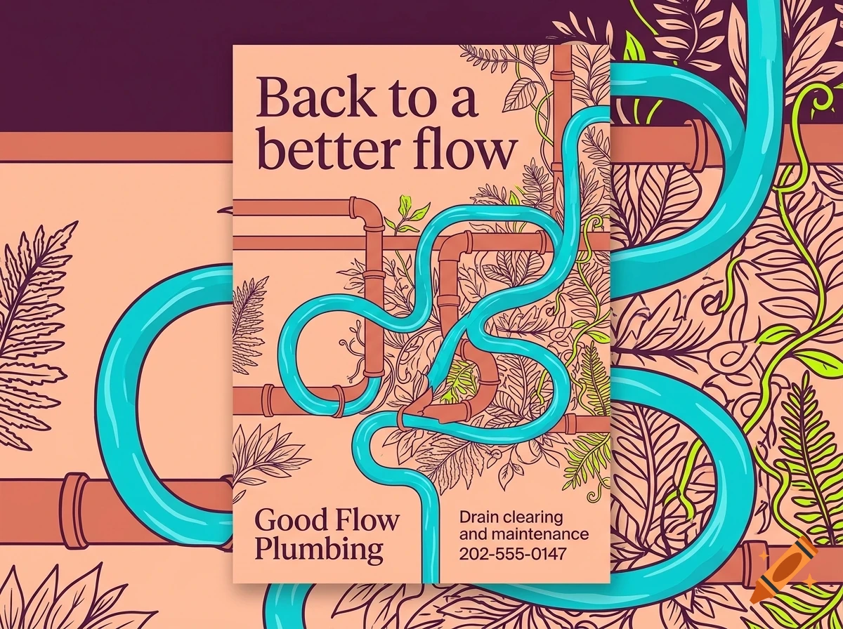 An illustrated poster for Good Flow Plumbing featuring winding turquoise water pipes, brown copper pipes, foliage, and text.