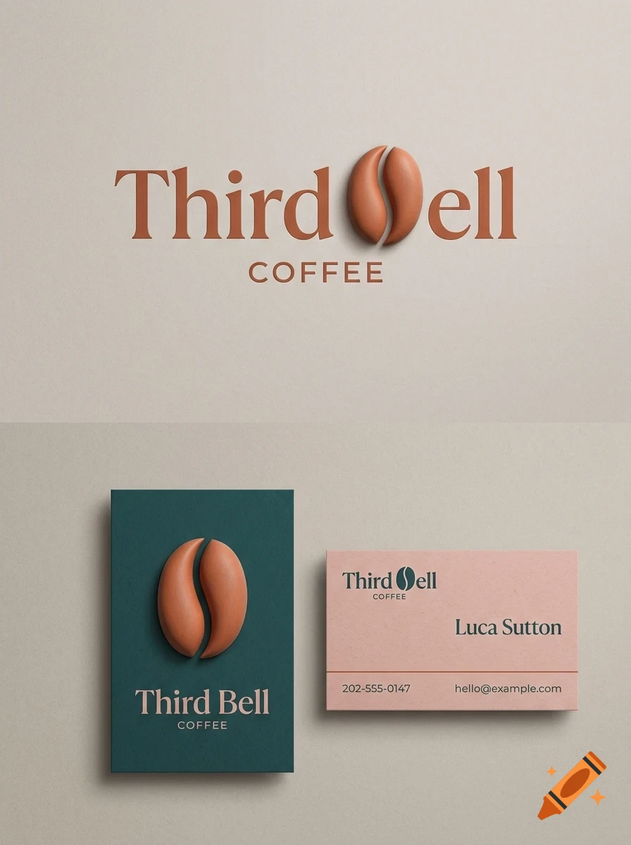 Branding mockup for Third Bell Coffee featuring logo design with a coffee bean element, business cards, and typography.