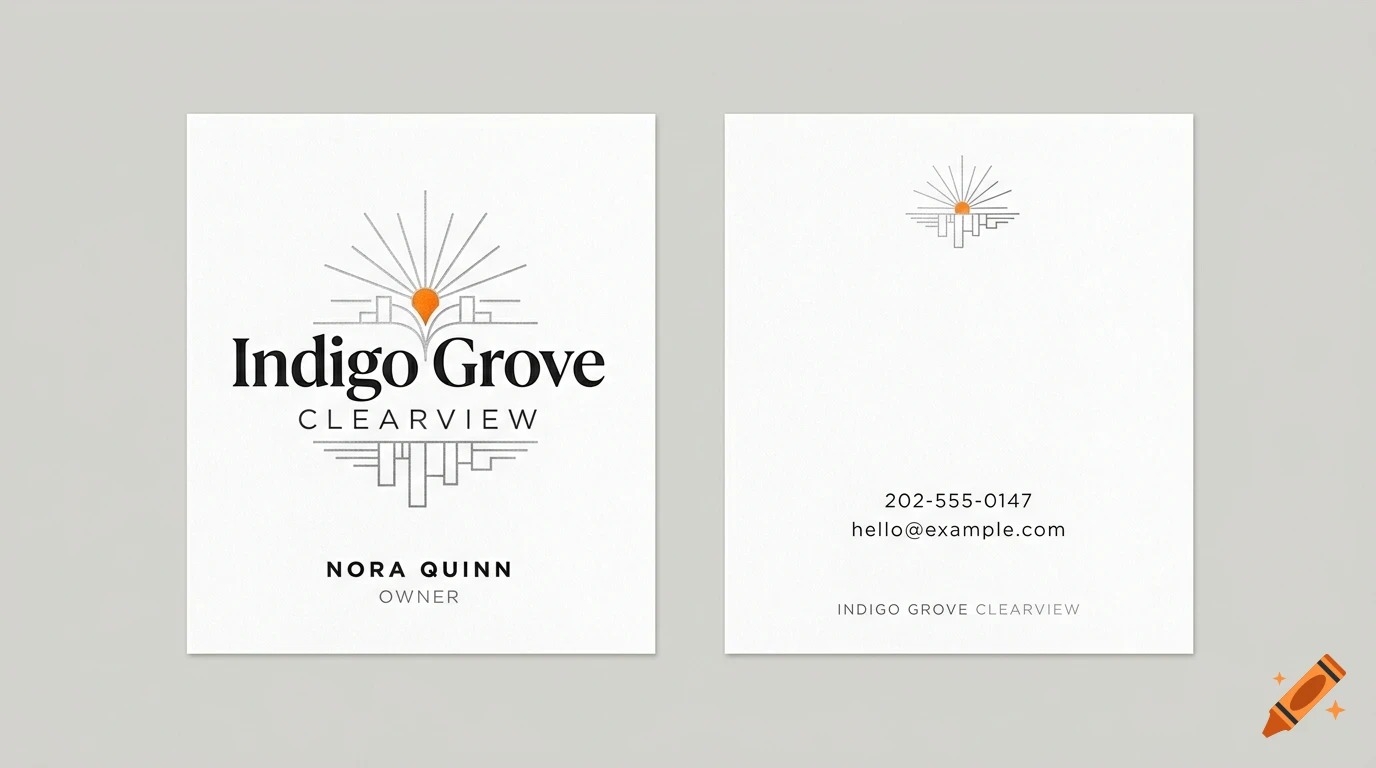 Front and back views of a square business card with a minimalist logo featuring a sun over geometric shapes and the text Indigo Grove Clearview.