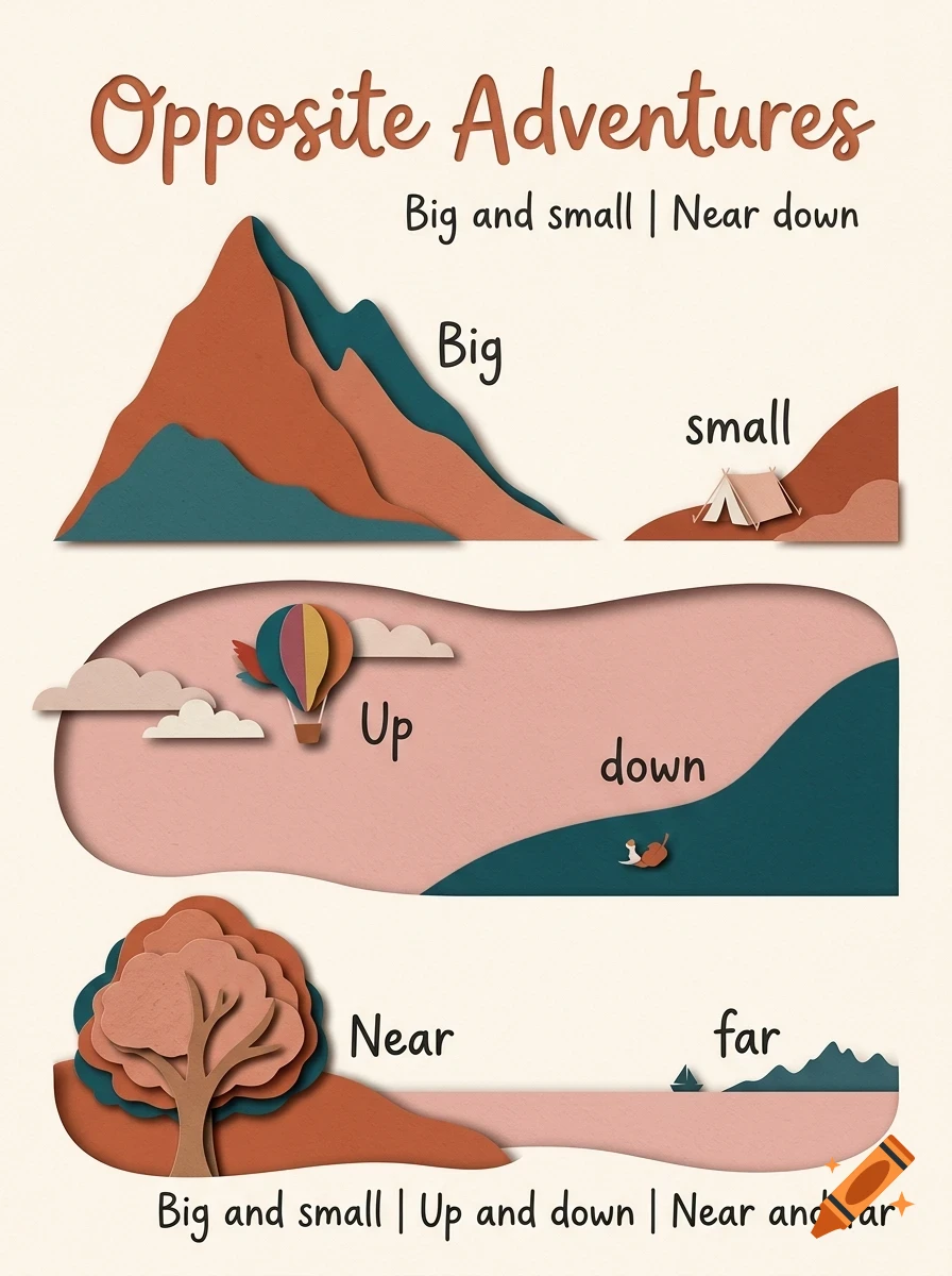 An educational poster titled Opposite Adventures, illustrating pairs of opposites like big and small, up and down, and near and far using papercut style graphics.