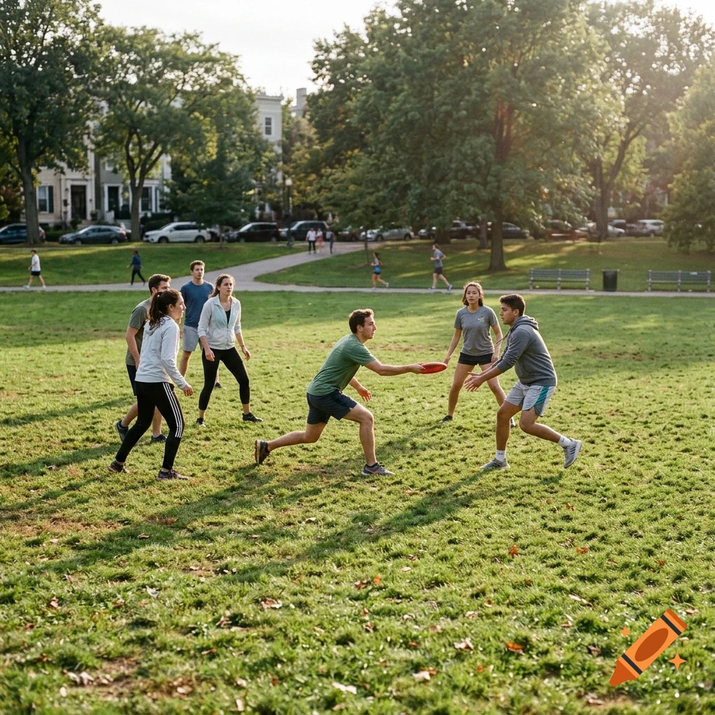 A group of young adults playing frisbee on a sunny day in a grassy park with trees and houses in the background.