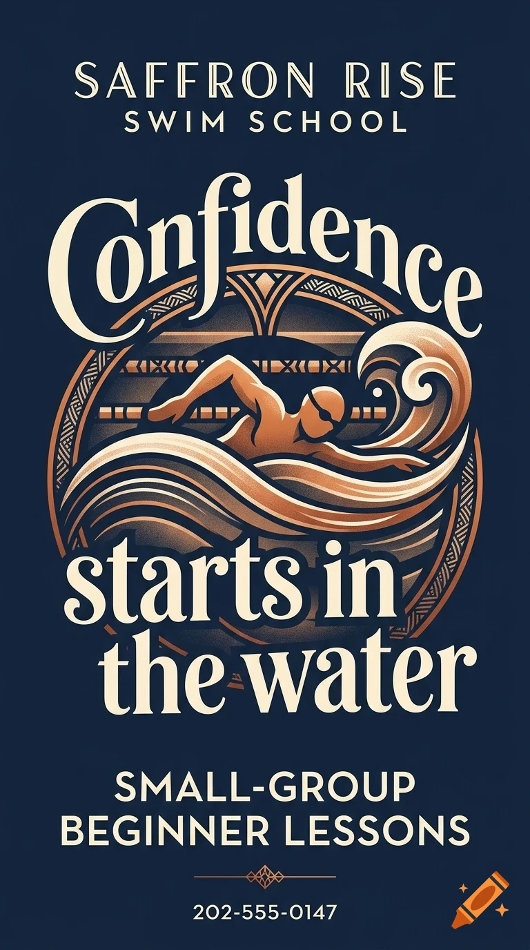 An illustration for Saffron Rise Swim School featuring a swimmer and wave graphic with the text Confidence starts in the water.