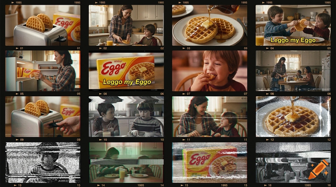 A 16-panel grid showing a 1995 Eggo waffles commercial with VHS generation loss and static effects.